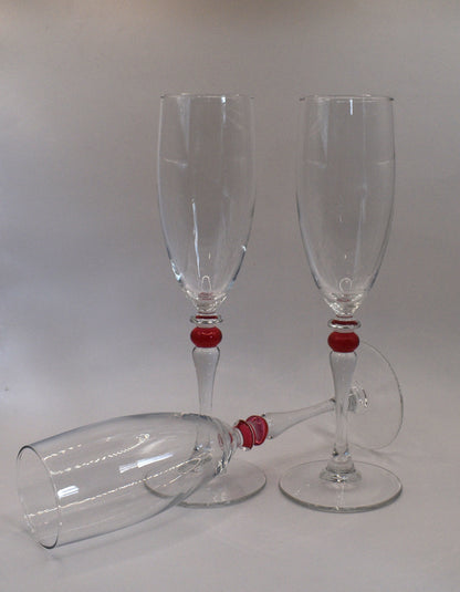 Cortina Red by Cristal D'Arques-Duraid. Champagne Flute with red wafer stem. Set of 3