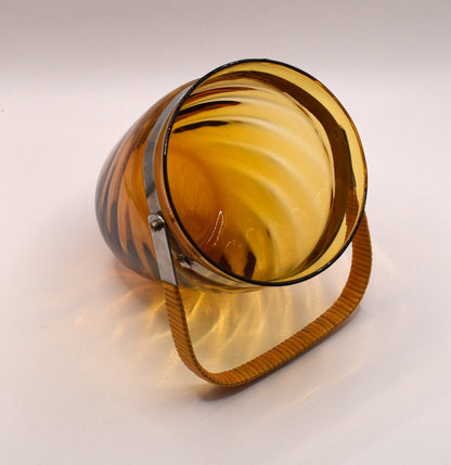 Vintage Amber Glass Ice Bucket with swing handle.