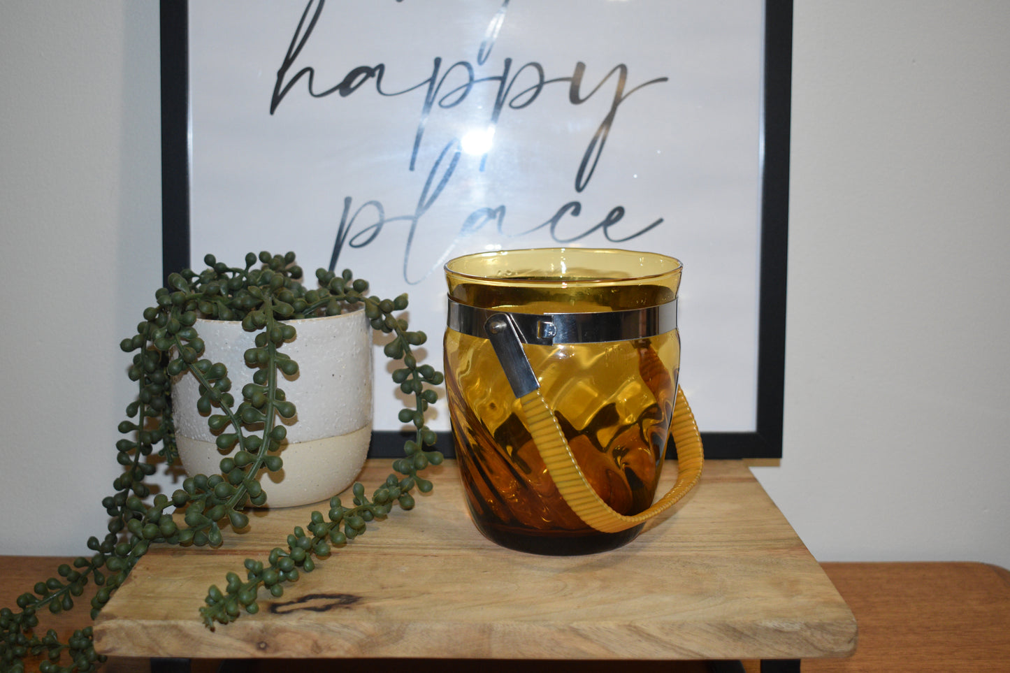 Vintage Amber Glass Ice Bucket with swing handle.