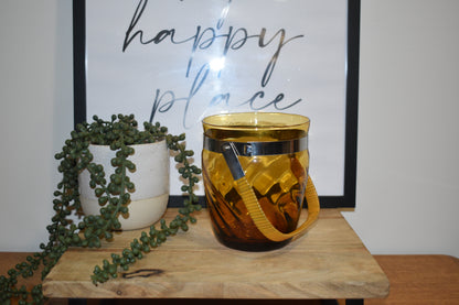 Vintage Amber Glass Ice Bucket with swing handle.