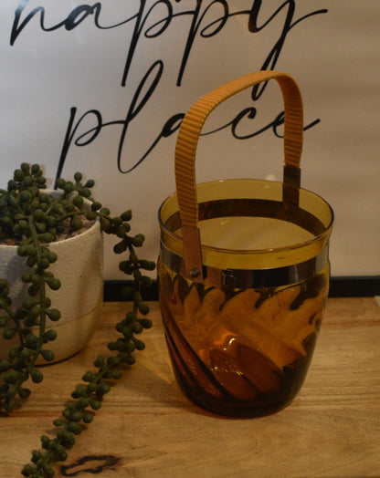 Vintage Amber Glass Ice Bucket with swing handle.