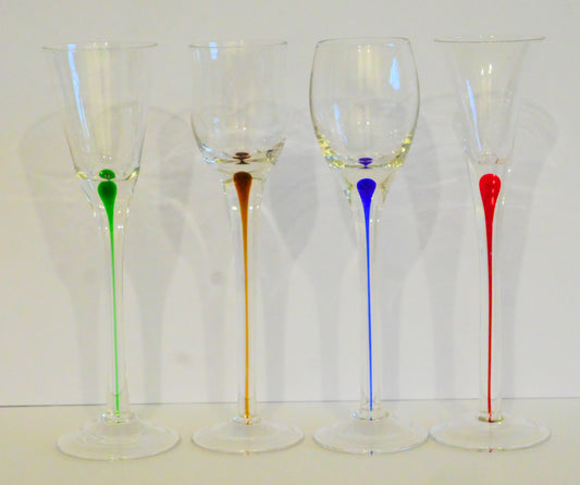 Vintage Long Stemmed Shot Glasses with a Coloured Stem Set of 4
