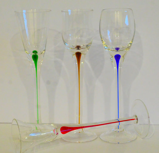 Vintage Long Stemmed Shot Glasses with a Coloured Stem Set of 4