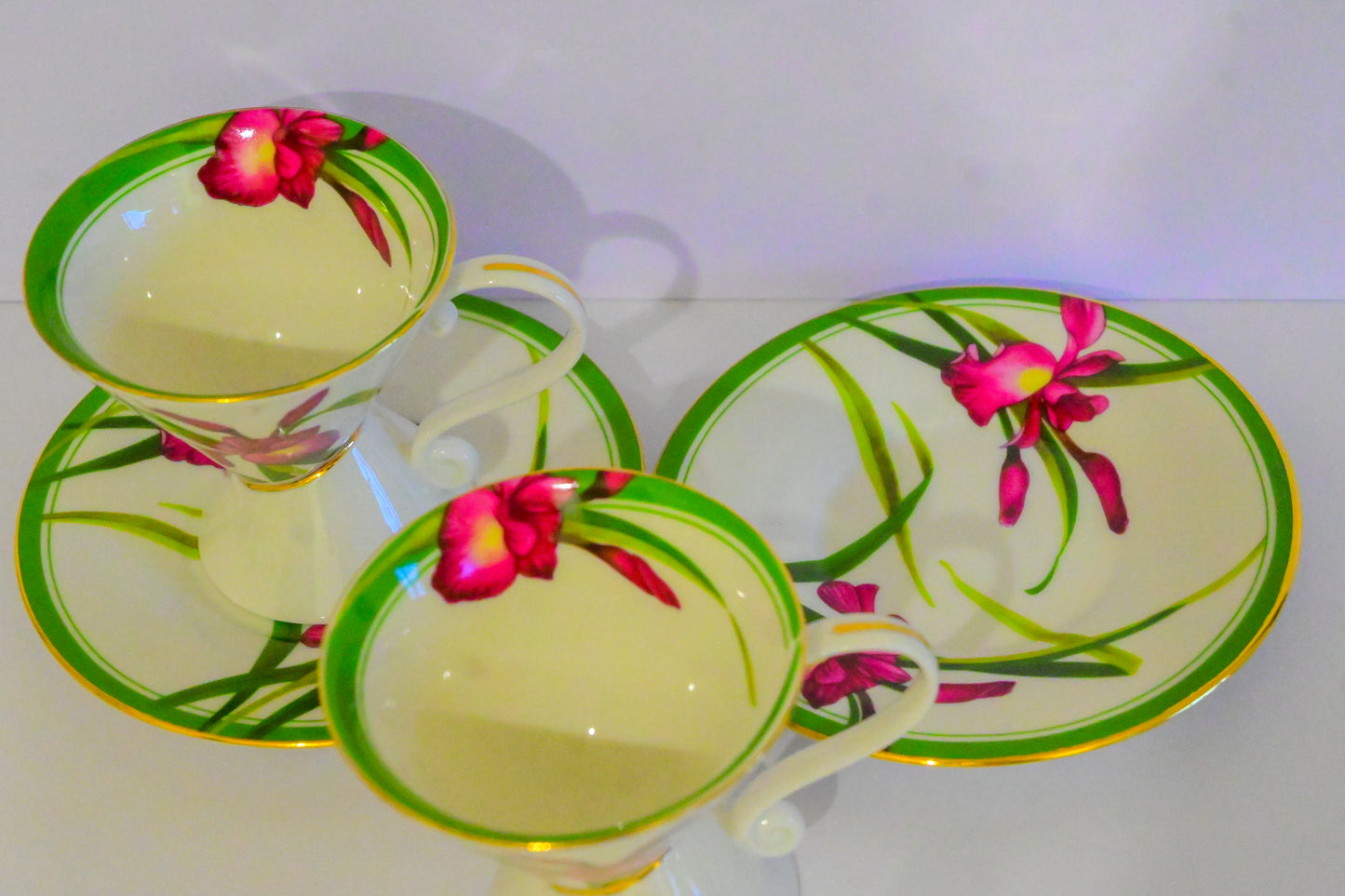 Iris Design Bone China Cups and Saucer