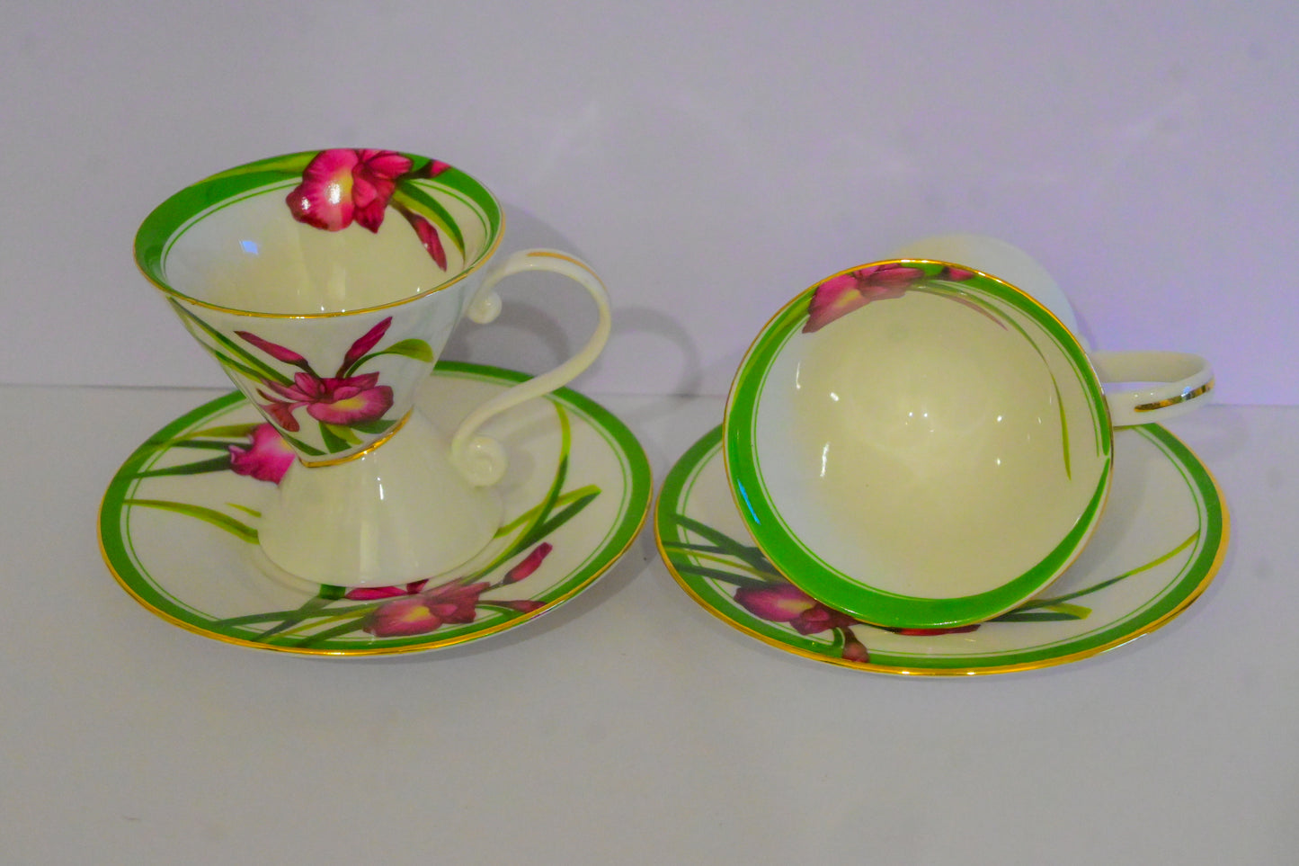 Iris Design Bone China Cups and Saucer