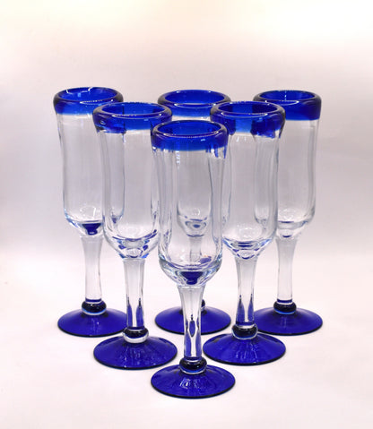 Mexican Hand Blown Cobalt Blue Rim and Foot Champagne Flutes. Set of 6
