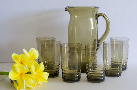 Vintage Smokey Grey Water Set with Grape Design Etching