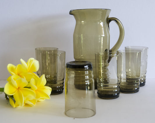 Vintage Smokey Grey Water Set with Grape Design Etching