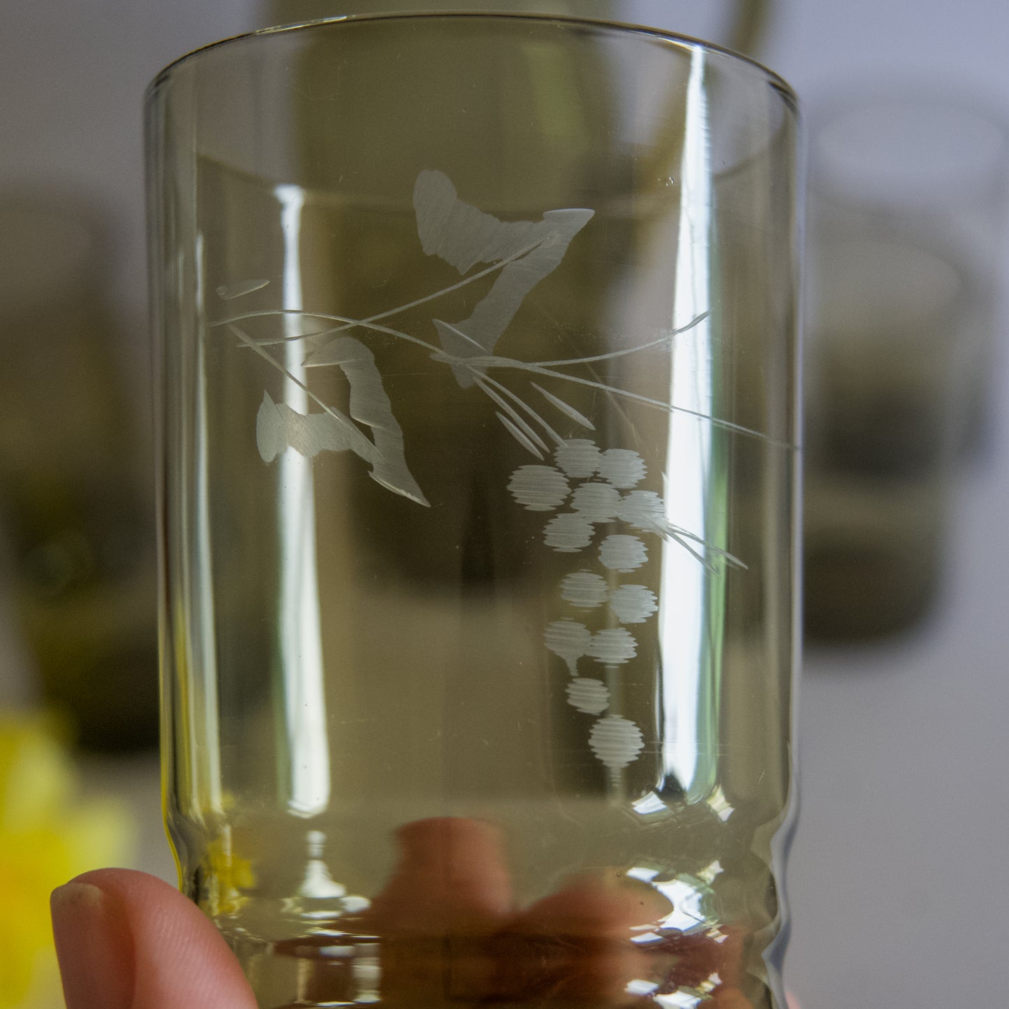 Vintage Smokey Grey Water Set with Grape Design Etching