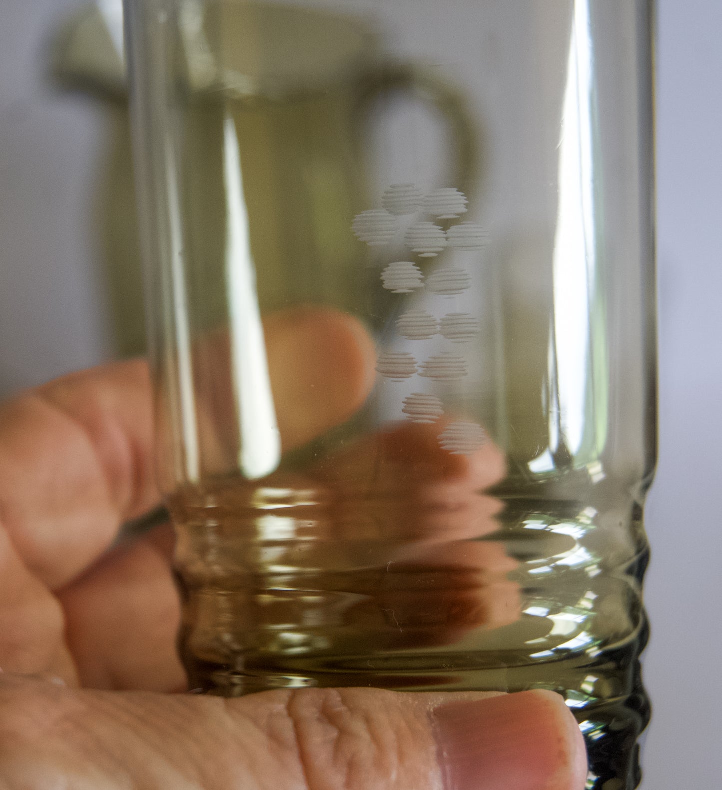 Vintage Smokey Grey Water Set with Grape Design Etching