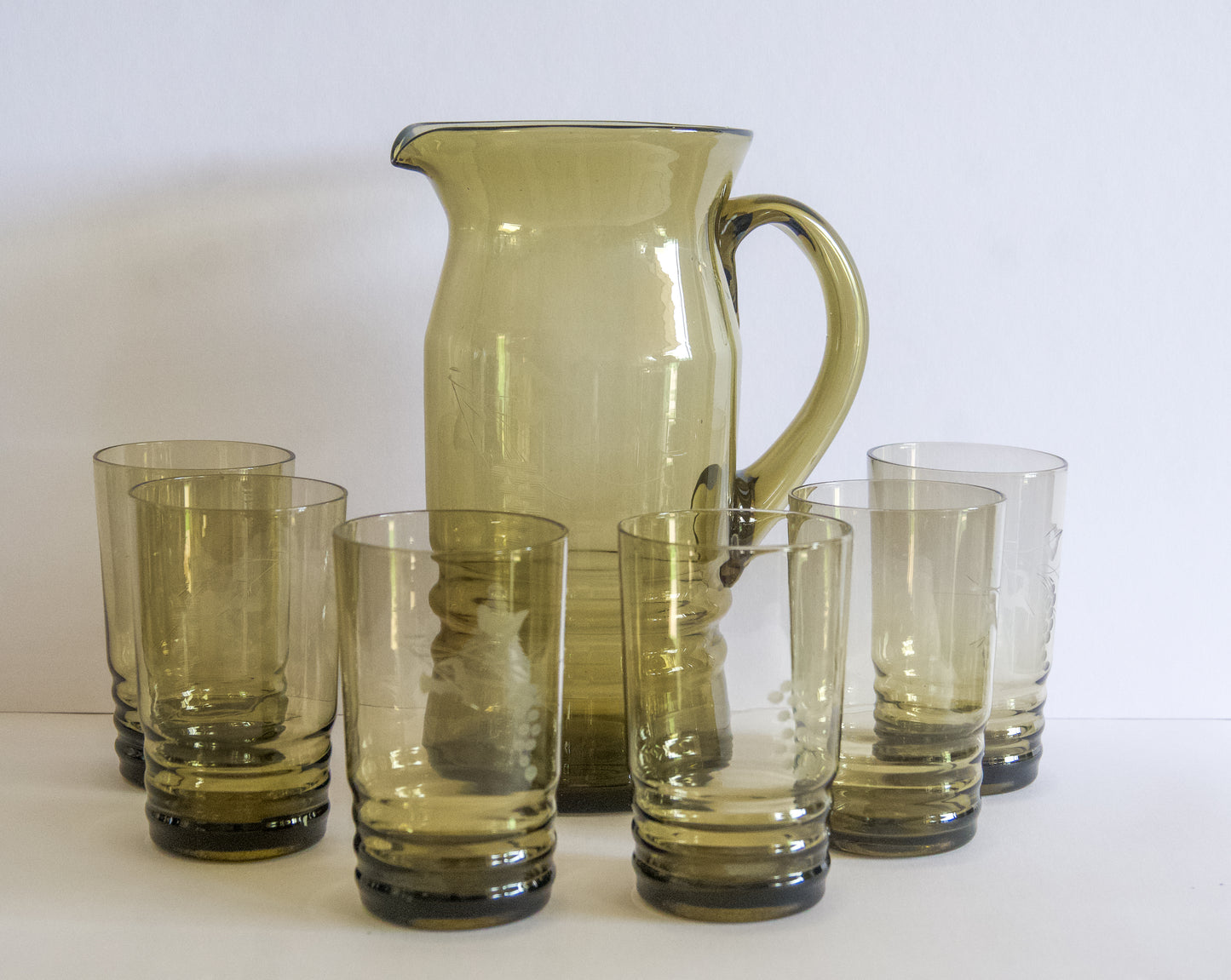 Vintage Smokey Grey Water Set with Grape Design Etching