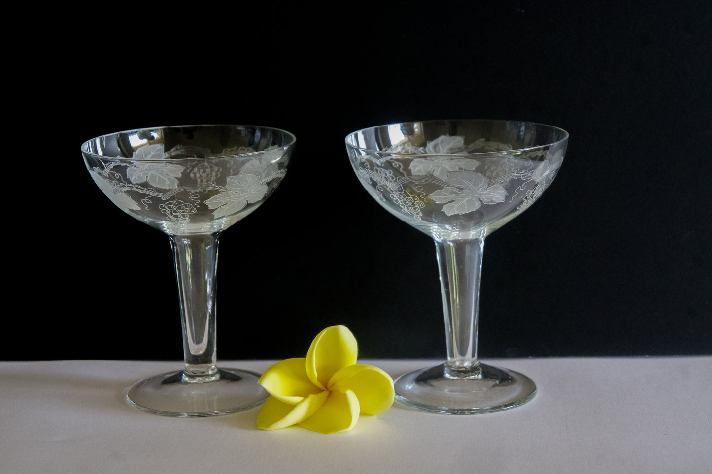 Vintage Hollow Stem Grape-Vine Design Champagne Coupes