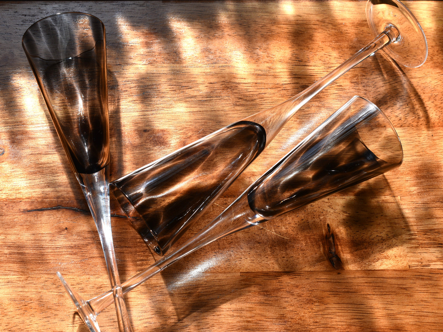 Tall stemmed trumpet styled Champagne Flutes with Black mottled glass. Set of 3