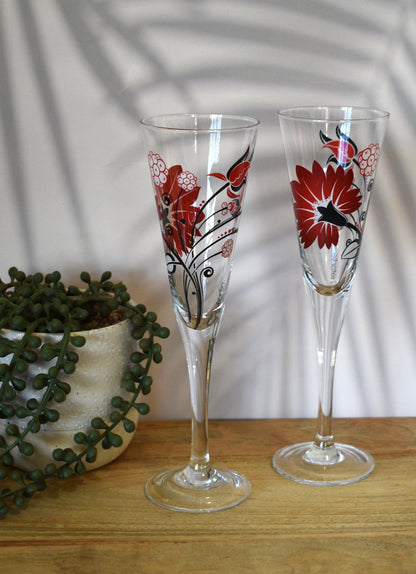 Retro Artiefartie Champagne Flutes. Red and Black Flowers. Set of two