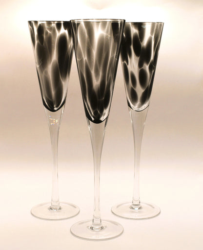 Tall stemmed trumpet styled Champagne Flutes with Black mottled glass. Set of 3