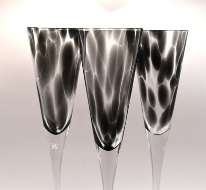 Tall stemmed trumpet styled Champagne Flutes with Black mottled glass. Set of 3
