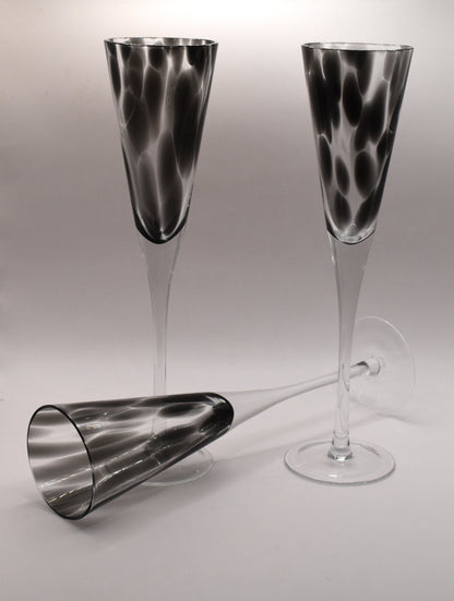 Tall stemmed trumpet styled Champagne Flutes with Black mottled glass. Set of 3