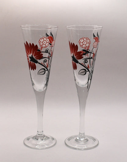Retro Artiefartie Champagne Flutes. Red and Black Flowers. Set of two
