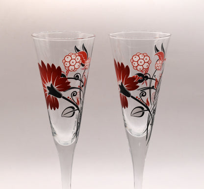 Retro Artiefartie Champagne Flutes. Red and Black Flowers. Set of two