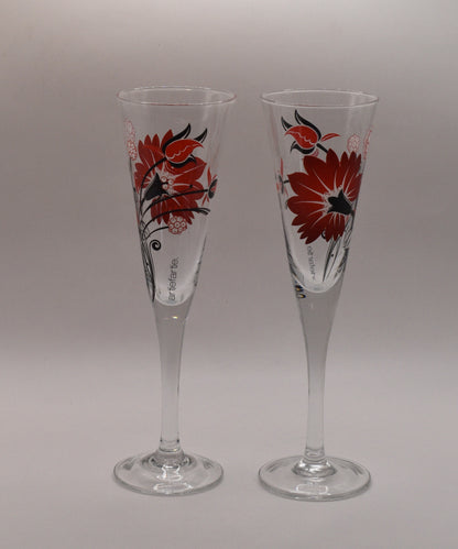 Retro Artiefartie Champagne Flutes. Red and Black Flowers. Set of two