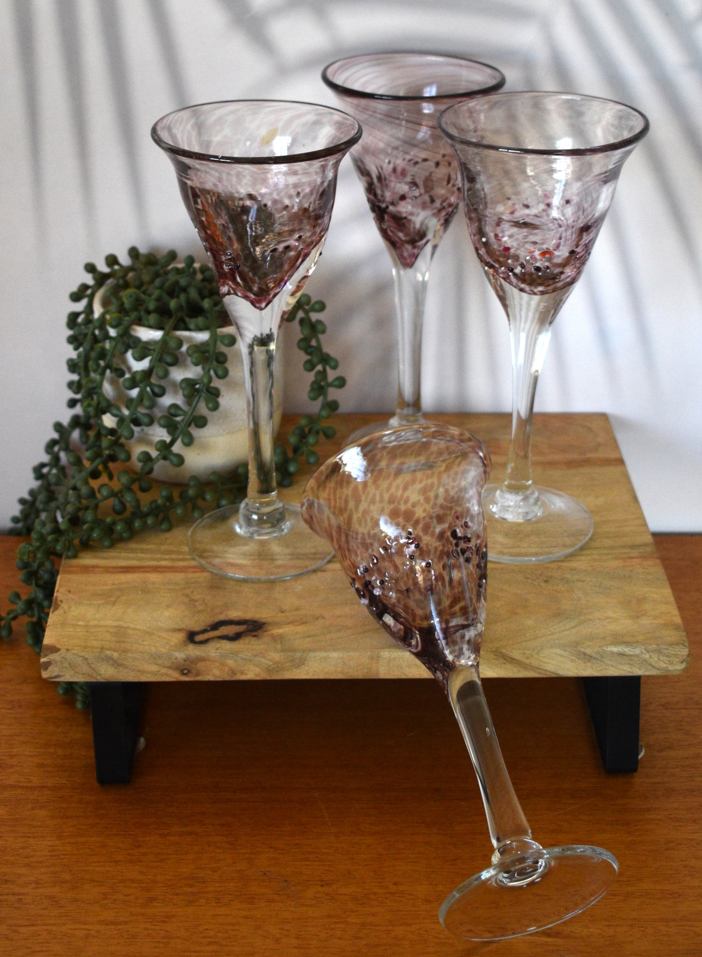 Handblown pink Wine goblets. Set of 4