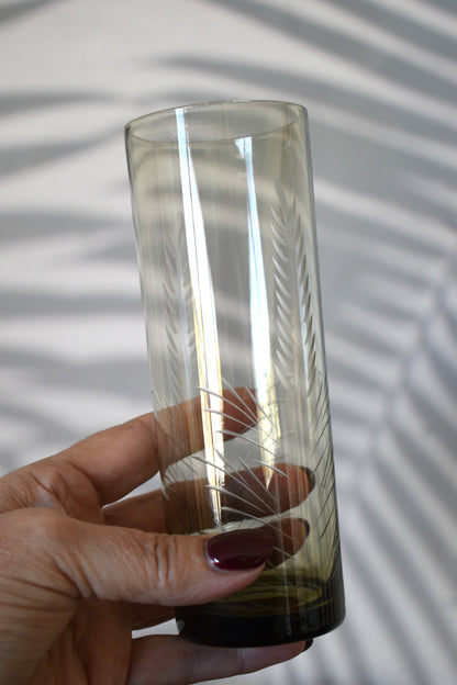 Olive green Tom Collins etched tumblers. Set of 5
