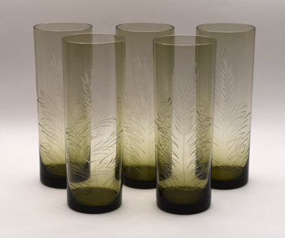 Olive green Tom Collins etched tumblers. Set of 5