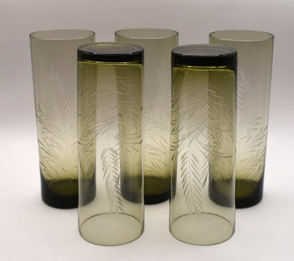 Olive green Tom Collins etched tumblers. Set of 5