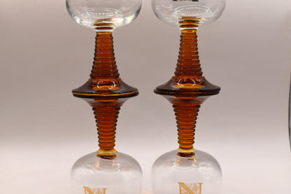 Vintage Roemer wine glasses . Beehive Amber stem. Gold Grapevine pattern. Set of 4