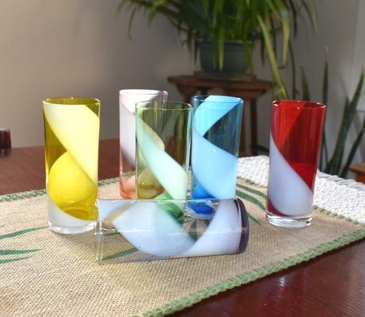 Vintage coloured harlequin highball swirl handblown tumblers. Set of 6