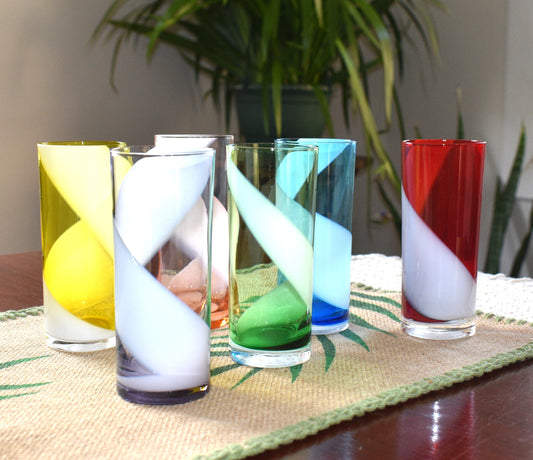 Vintage coloured harlequin highball swirl handblown tumblers. Set of 6