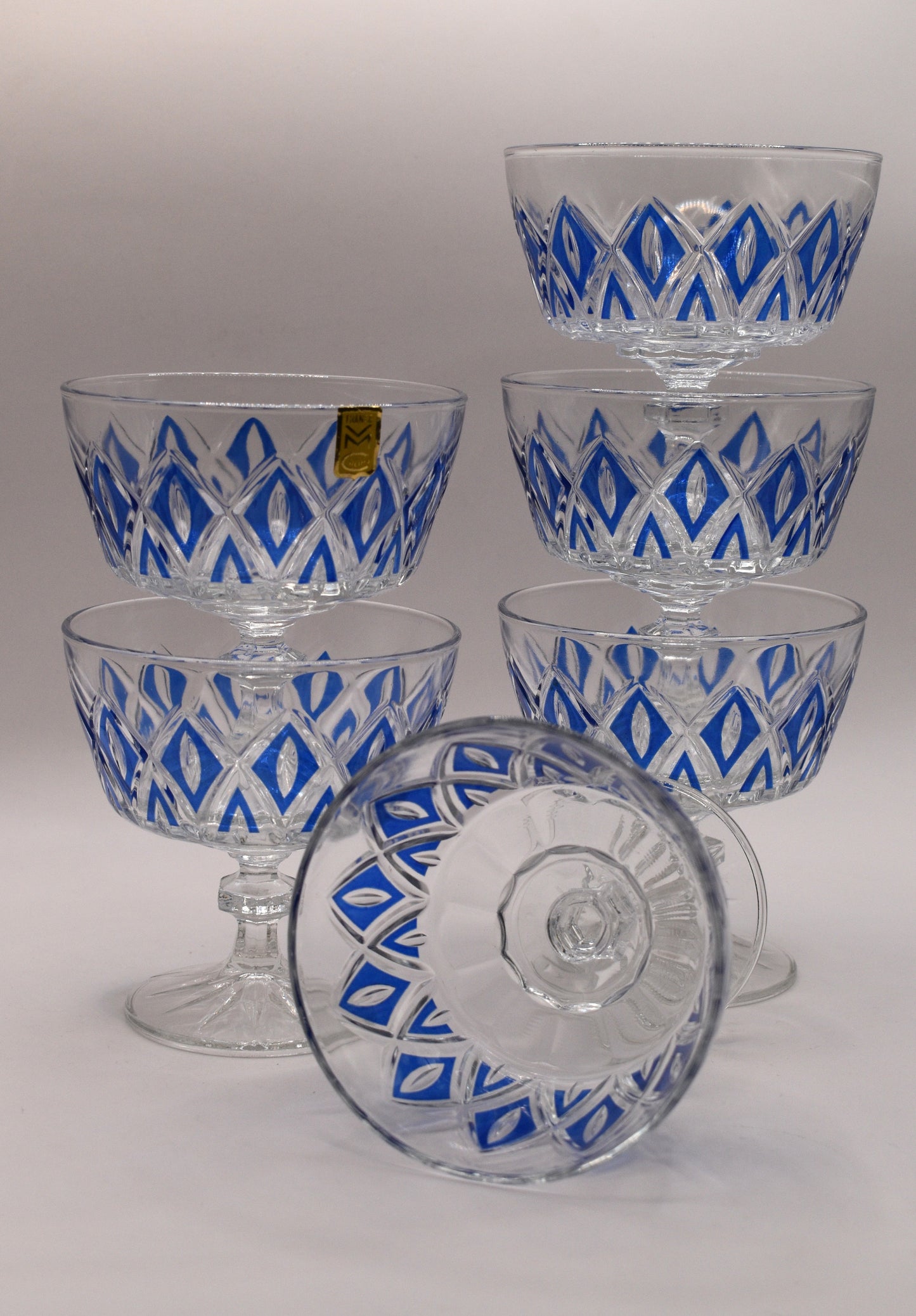 Vintage 1950's Reims Blue Champagne Coupes. Set of 6