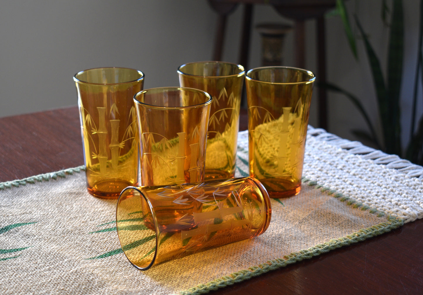 Amber tumblers with etched bamboo design. Set of 5