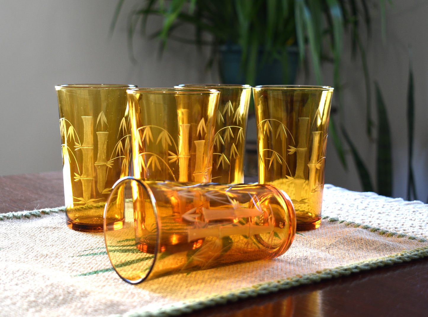 Amber tumblers with etched bamboo design. Set of 5