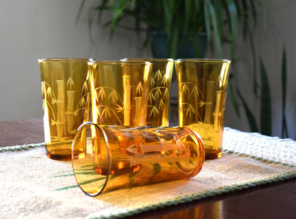 Amber tumblers with etched bamboo design. Set of 5