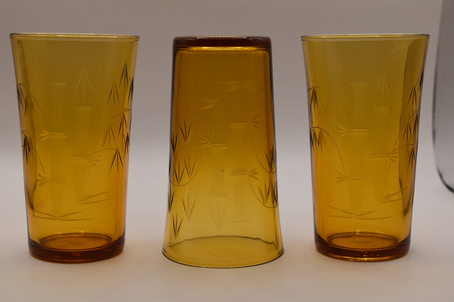 Amber tumblers with etched bamboo design. Set of 5