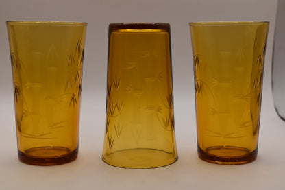 Amber tumblers with etched bamboo design. Set of 5