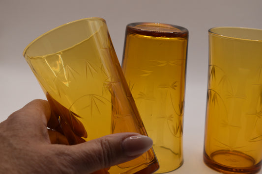 Amber tumblers with etched bamboo design. Set of 5