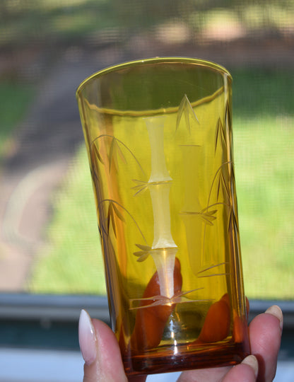 Amber tumblers with etched bamboo design. Set of 5