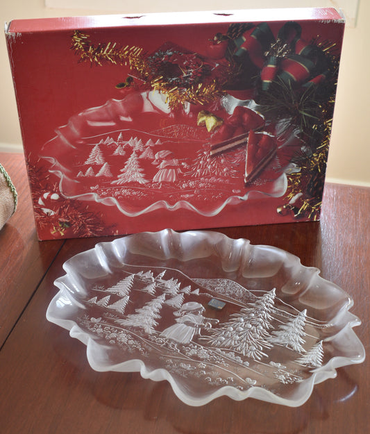 Mikasa "Christmas Story" Frosted/Clear glass Oval Canape Platter