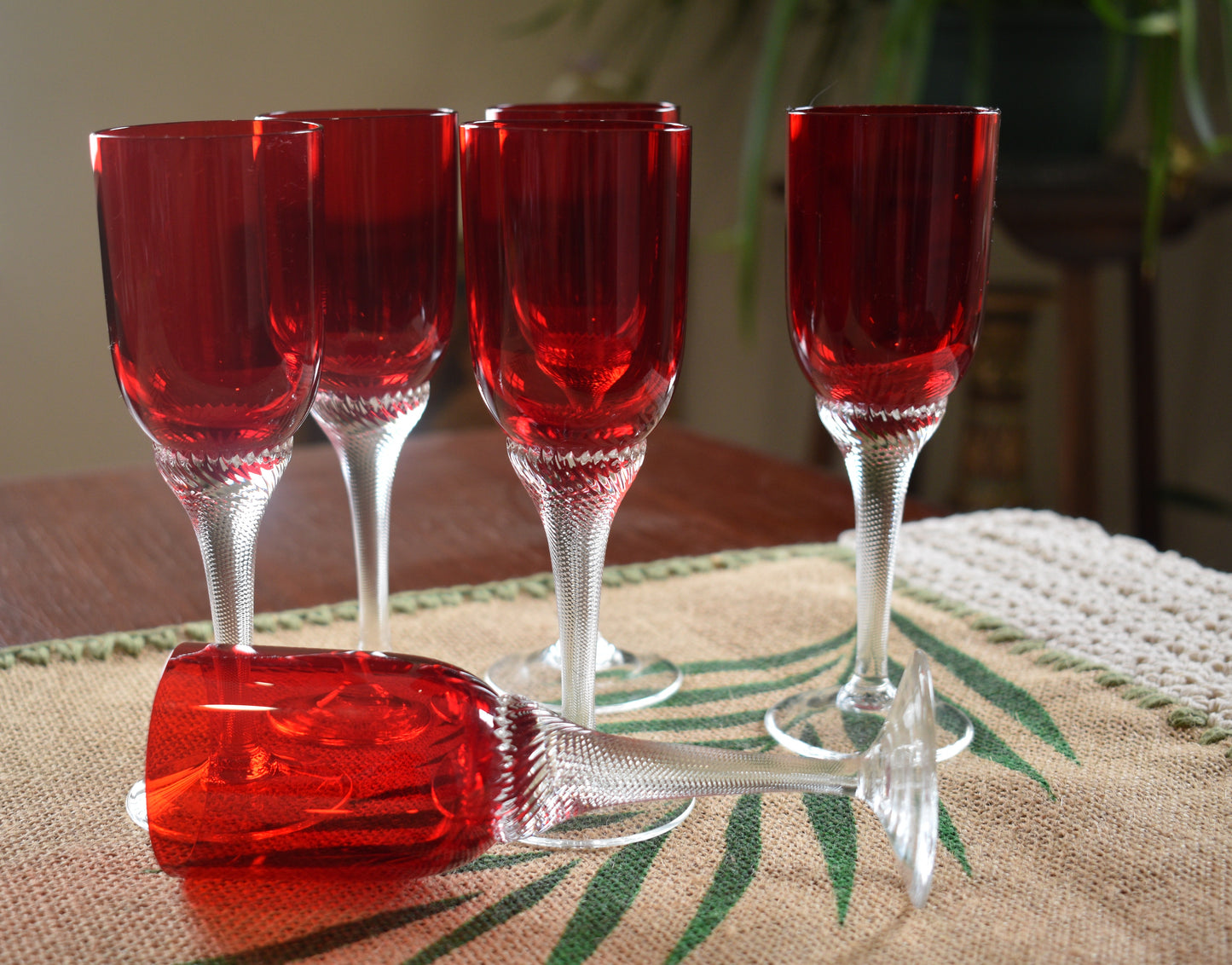 Bohemia Red Liquor/Cordial Glasses Twisted Stem. Set of 6