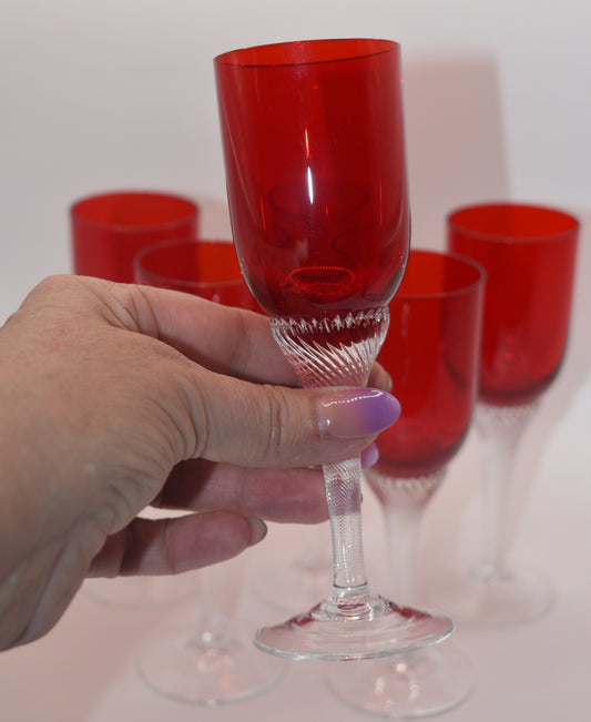 Bohemia Red Liquor/Cordial Glasses Twisted Stem. Set of 6