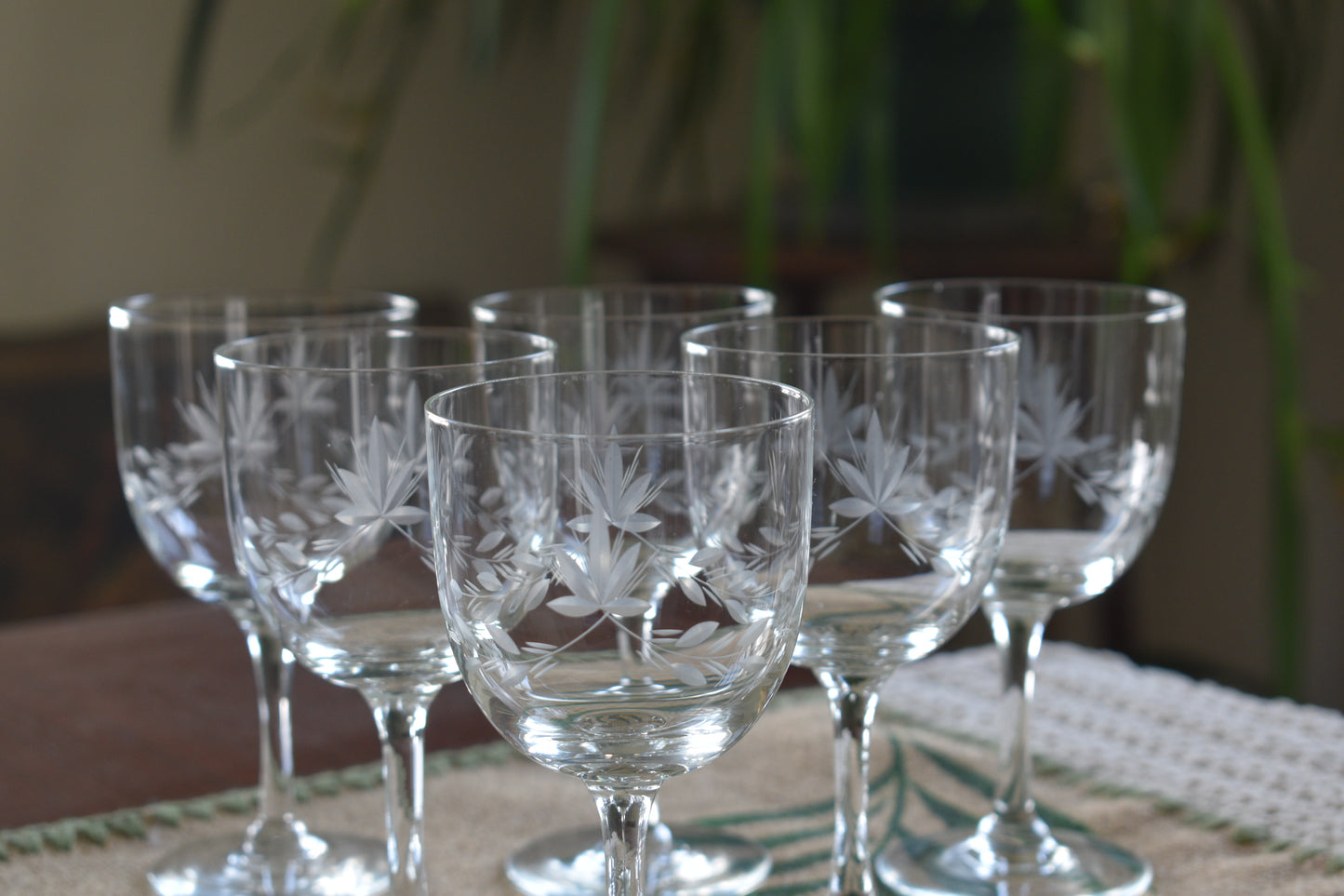 Vintage etched wine glasses. Set of 6