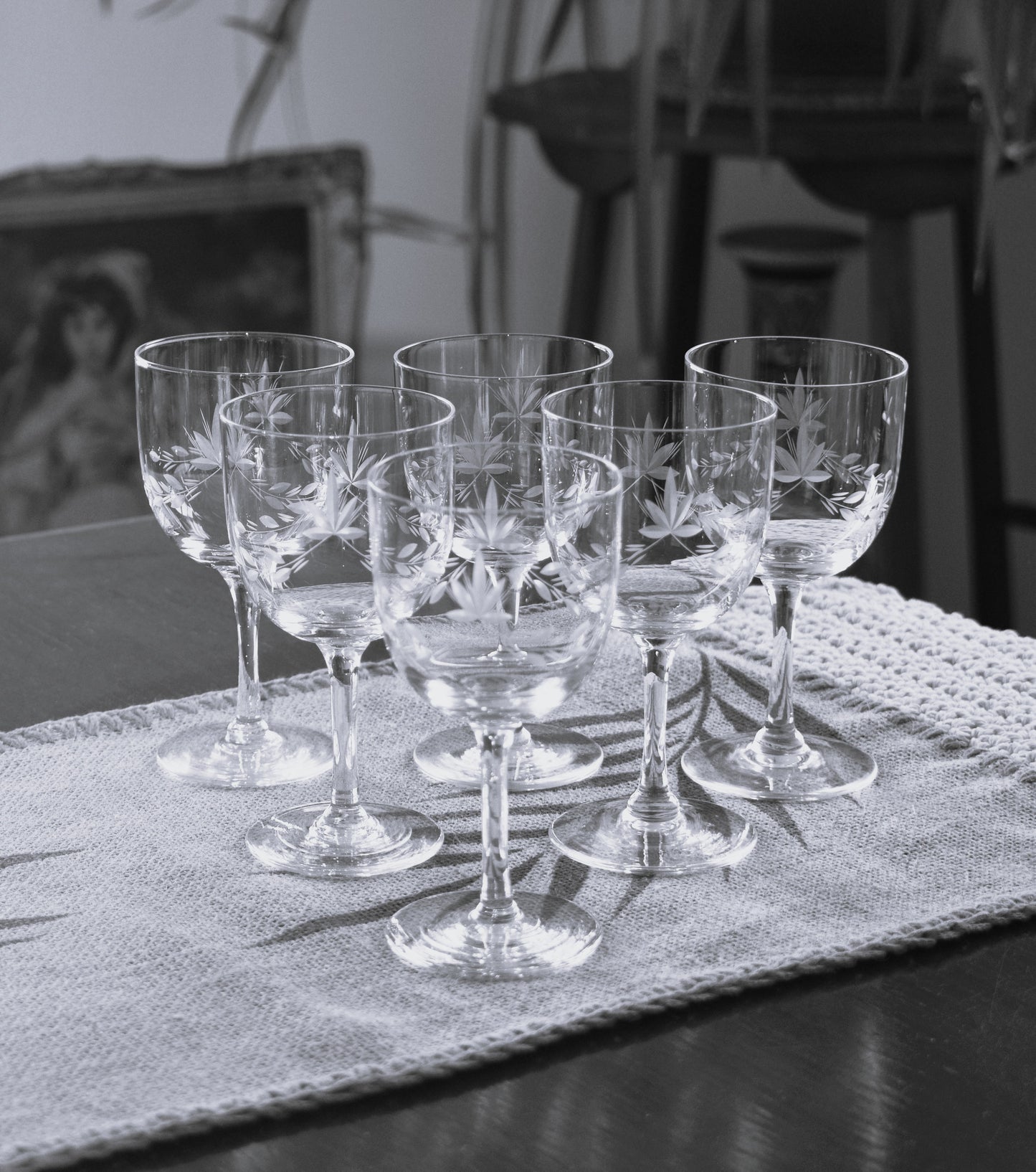 Vintage etched wine glasses. Set of 6