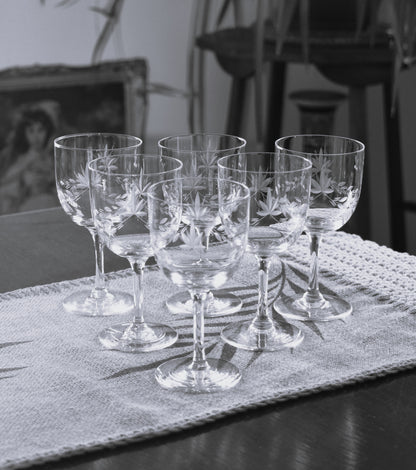Vintage etched wine glasses. Set of 6