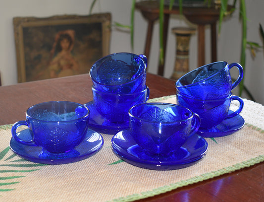 Vintage Set of 6 Aspen Cobalt Blue Cups and Saucers by ARCOROC - Made in France