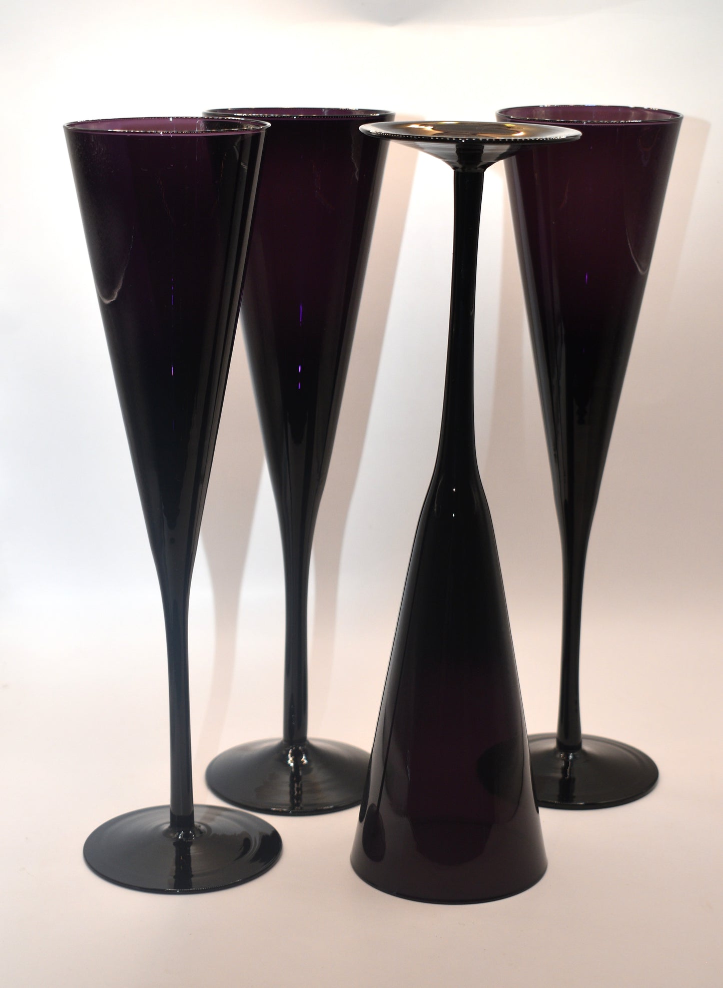 Tall stemmed trumpet styled Amethyst/Purple Champagne flutes. Set of 4