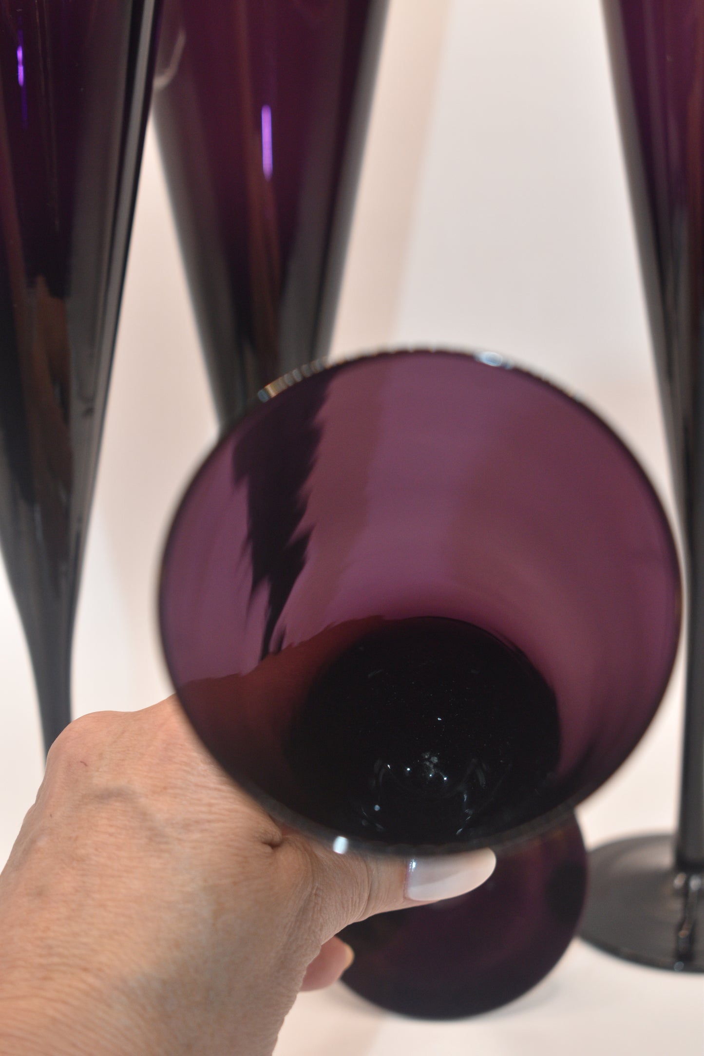 Tall stemmed trumpet styled Amethyst/Purple Champagne flutes. Set of 4