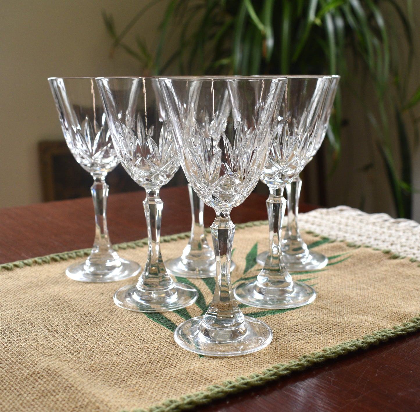 Vintage cut crystal Wine Glasses. set of 6