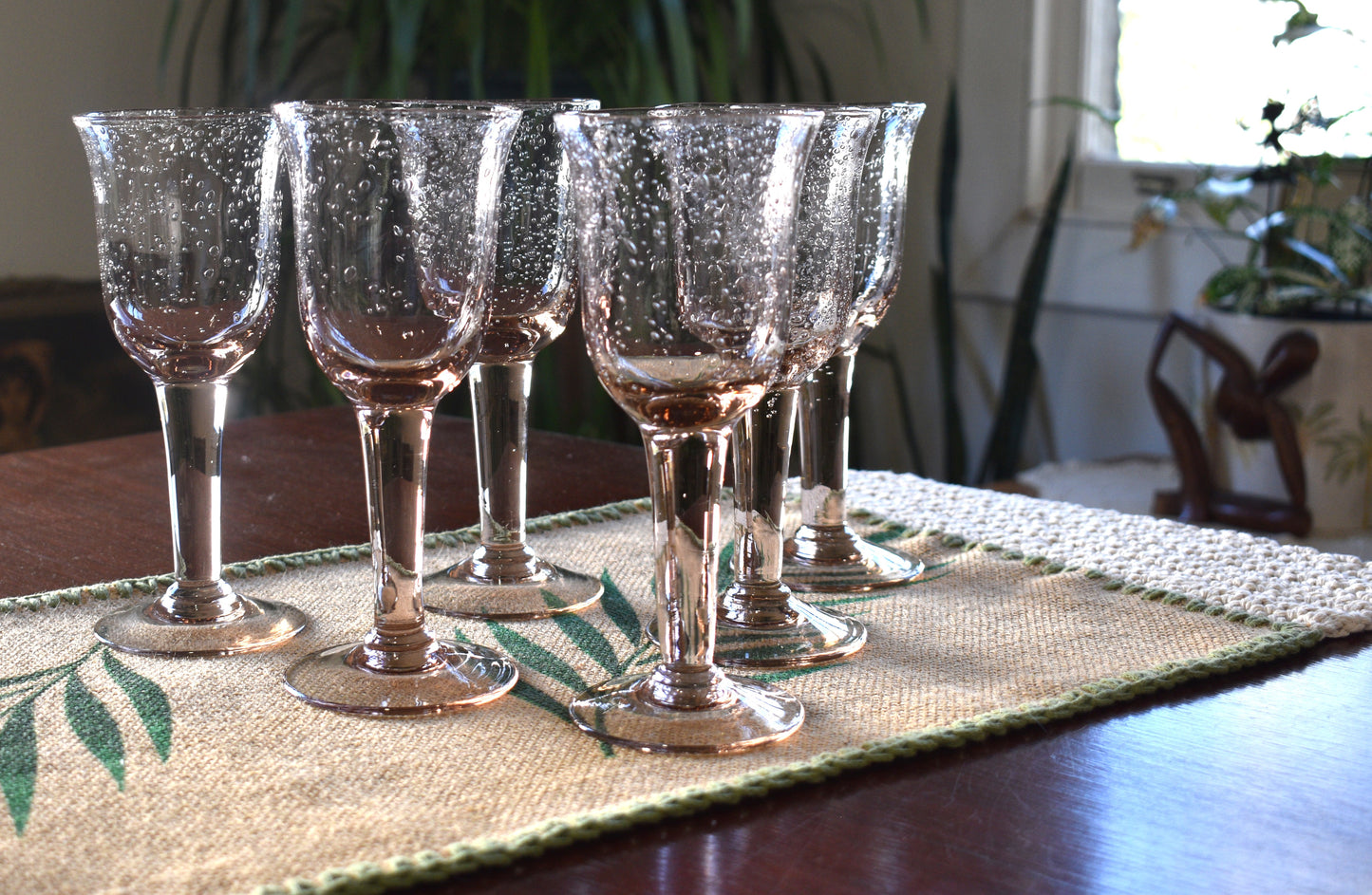 Vintage pink handblown bubble stemmed wine glasses. Set of 6